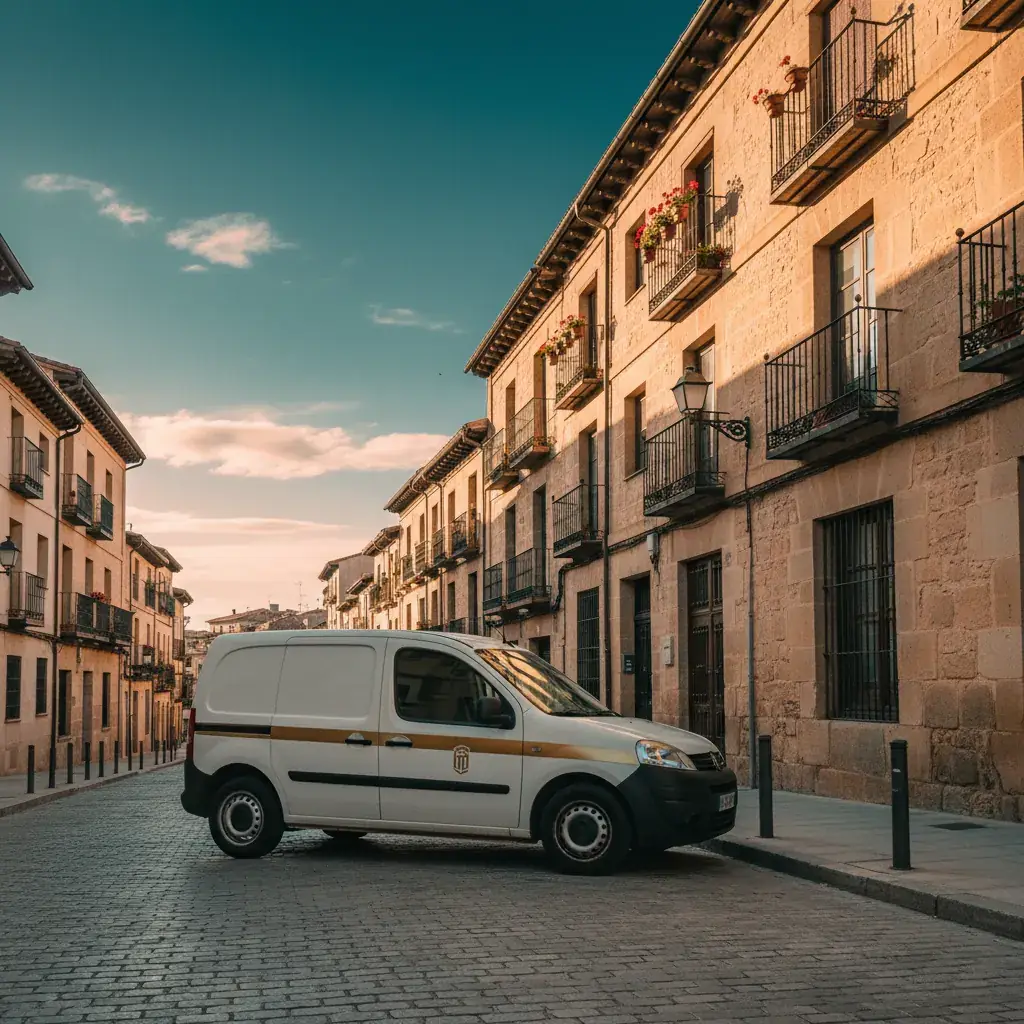 Furgoneta de Fontaraba aparcada en una calle de casas de piedra de Vitoria-Gasteiz